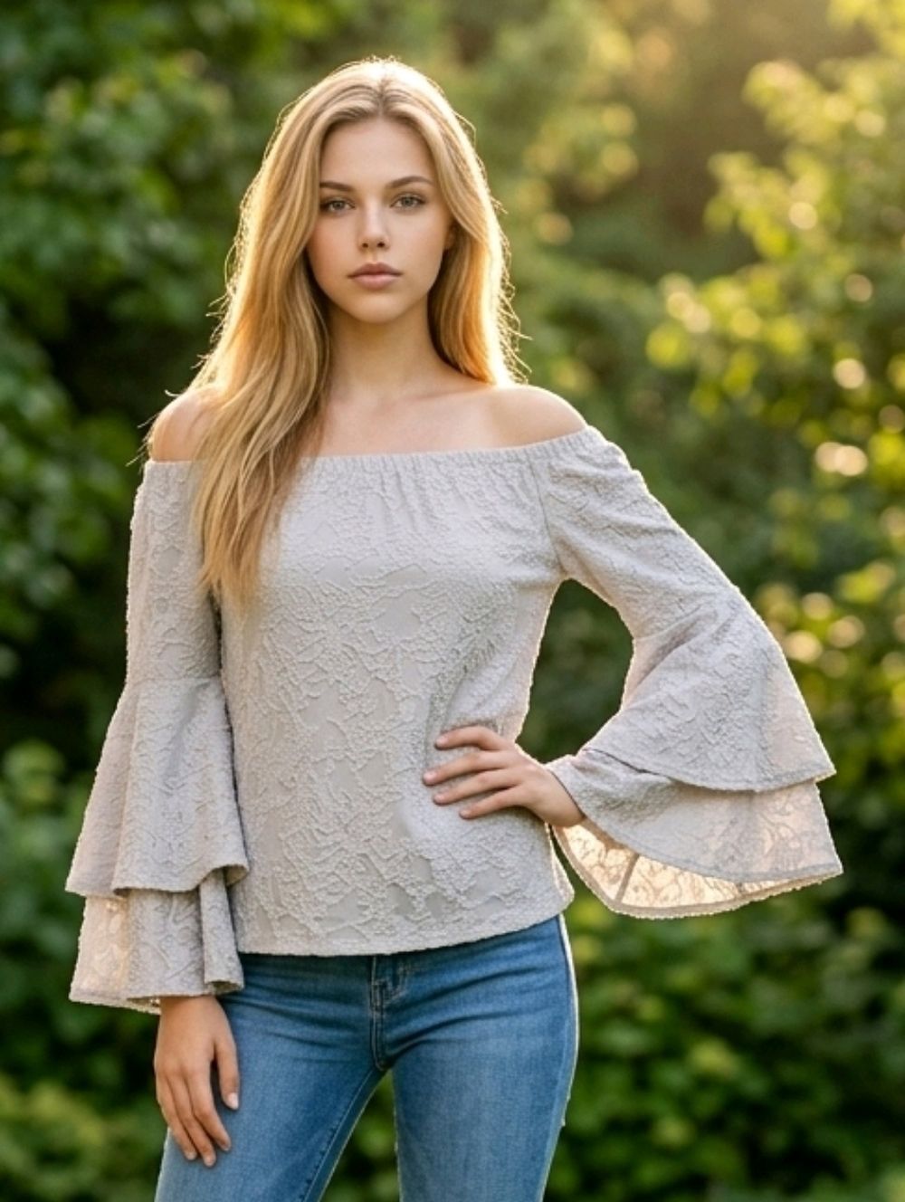 Romeo & Juliet Couture Top Ruffle Bell Sleeve Off-Shoulder Textured Blouse Large